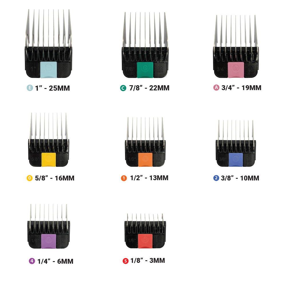 Set of hair clipper comb attachments with color-coded guides on a white background