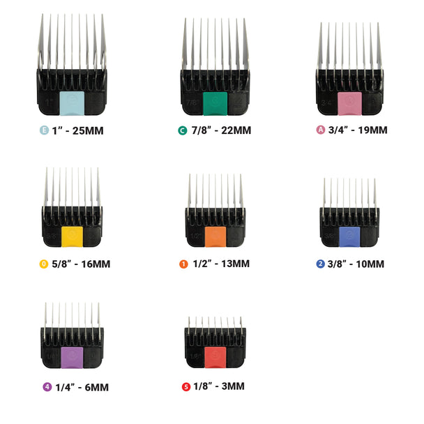 Set of hair clipper comb attachments with color-coded guides on a white background
