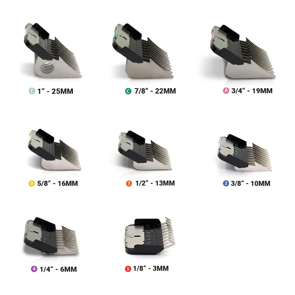 Set of hair clipper blade combs with size specifications on a white background