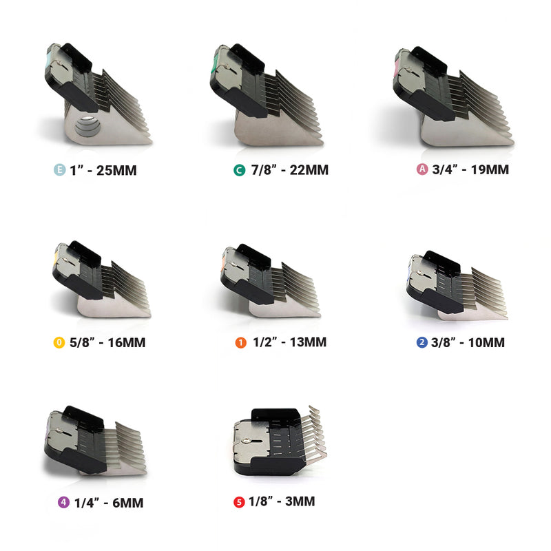 Set of hair clipper blade combs with size specifications on a white background