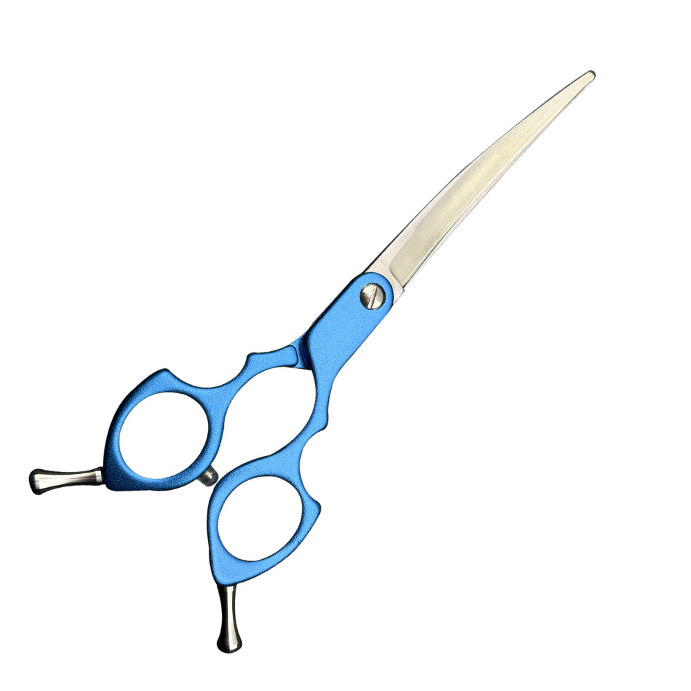 Blue Anodised Aluminium-handled scissors with steel blades on a white background