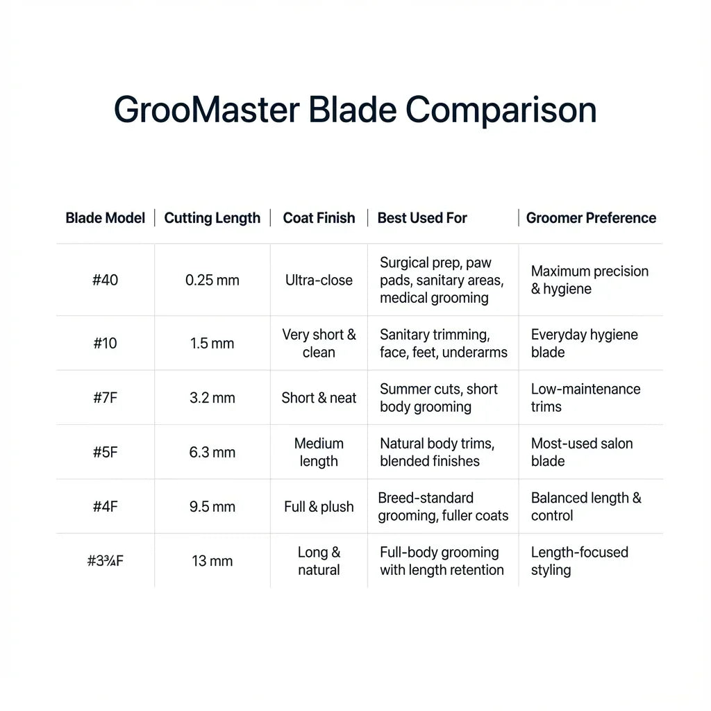GrooMaster Blade Comparison chart with various blade models and their specifications.