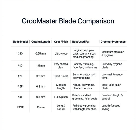GrooMaster Blade Comparison chart with various blade models and their specifications.