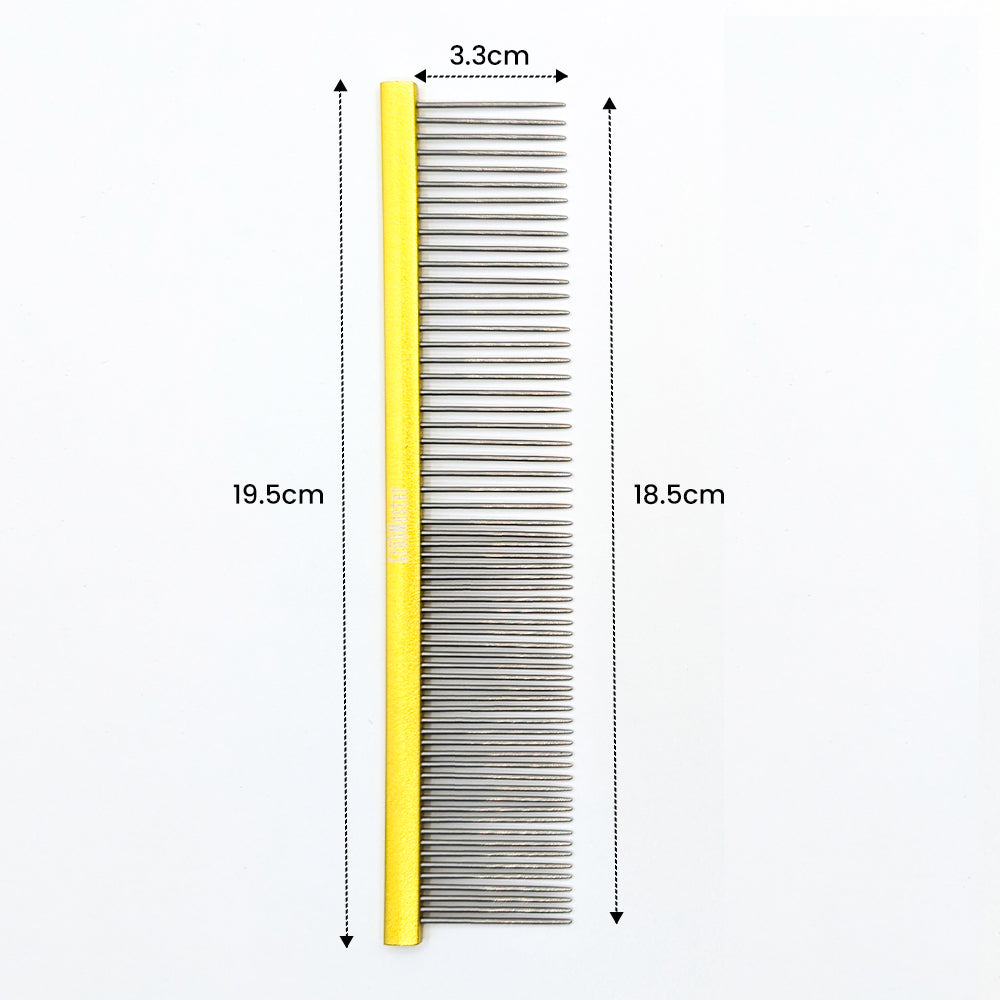 Dog comb with measurements on a white background