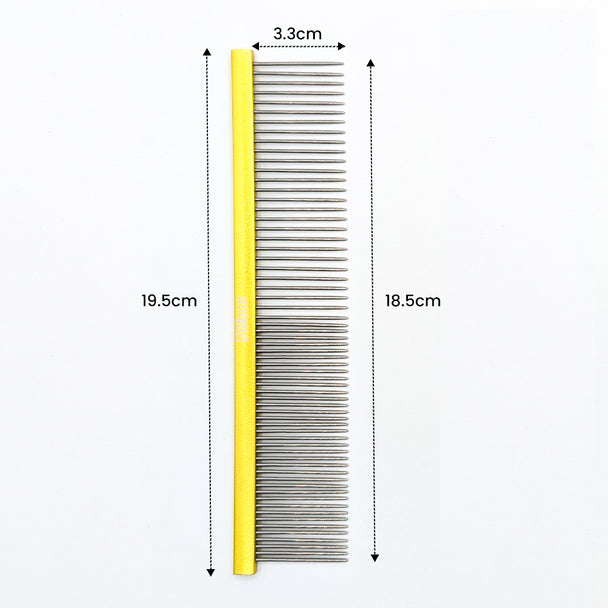 Dog comb with measurements on a white background