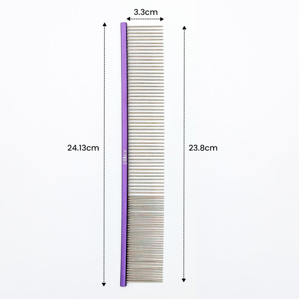 Dog comb with measurements on a white background