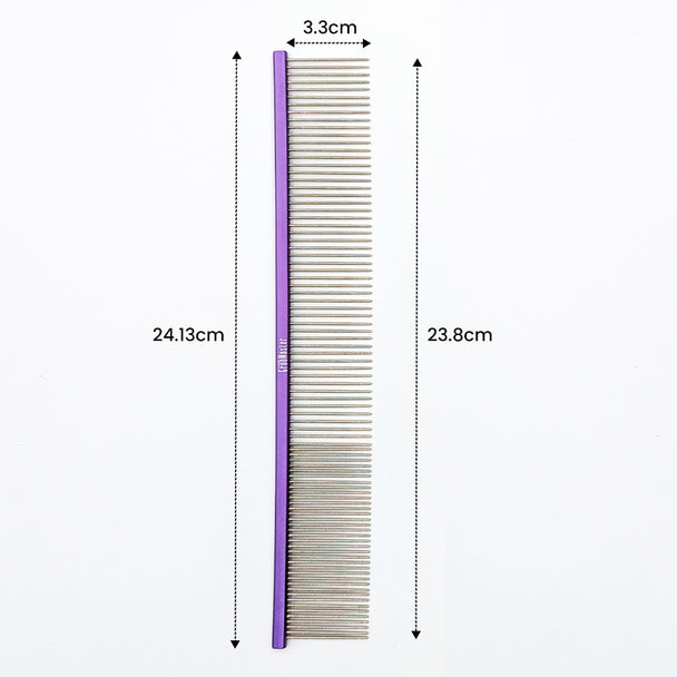 Dog comb with measurements on a white background