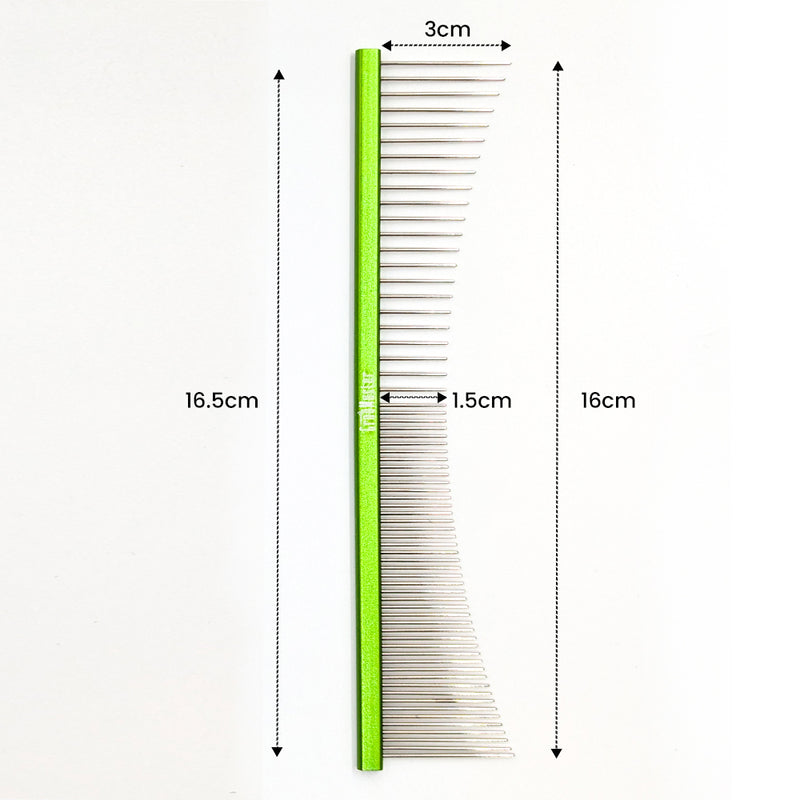 Green reverse crescent comb with measurements on a white background