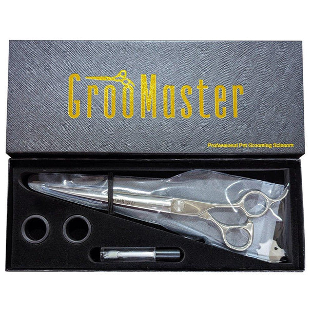 7” Straight Shears–Japanese 440C Steel-in box with accessories against white background
